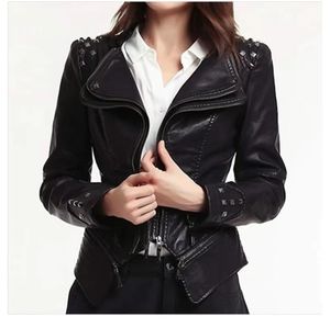 Chouyatou Women Fashion Studded  Faux Leather Moto Jacket Black Size L